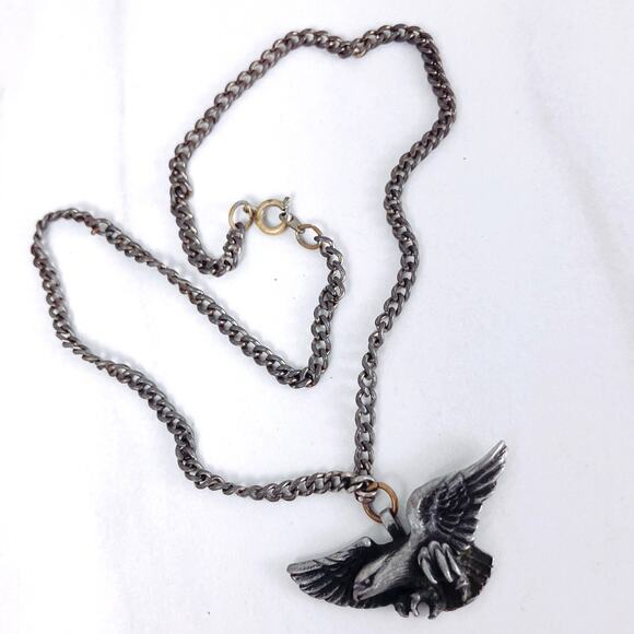 VTG 1970s Pewter Eagle Pendant Necklace Biker Style Chain Jewelry Unisex - Picture 5 of 11